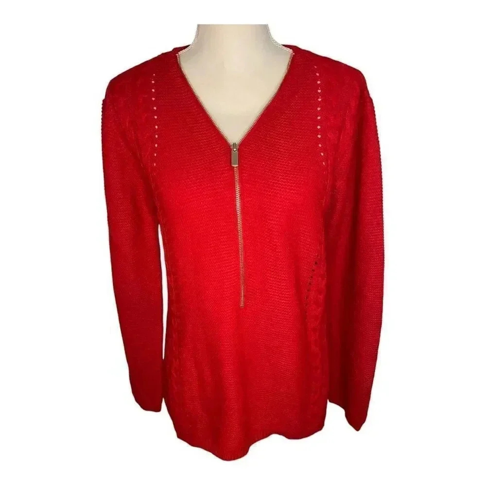 New York & Company Women’s Medium Red Zippered V-Neck Sweater